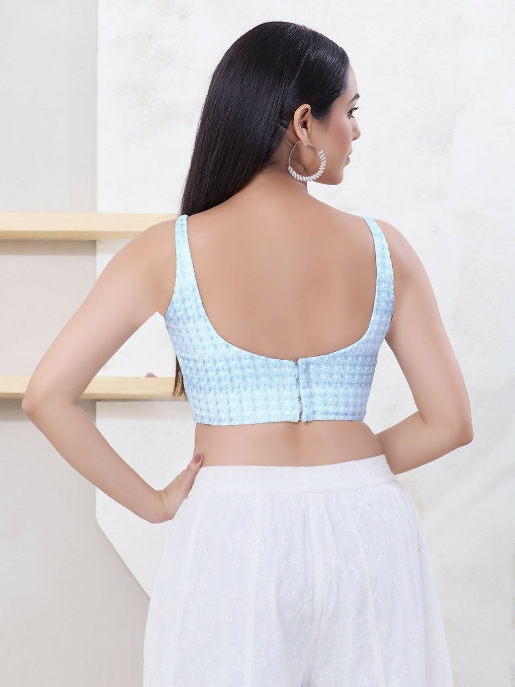 Joban Fashion Light-Blue Shift Sleeveless Back Open Blouse | Grocsy