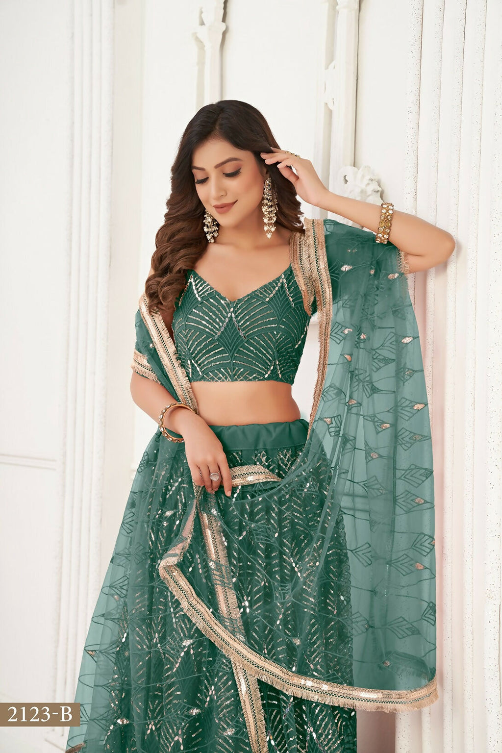 Eilara Glamorous Bottle Green Net With Sequins And Thread Embroidery Real Mirror Work Lehenga Choli For Wedding | Grocsy