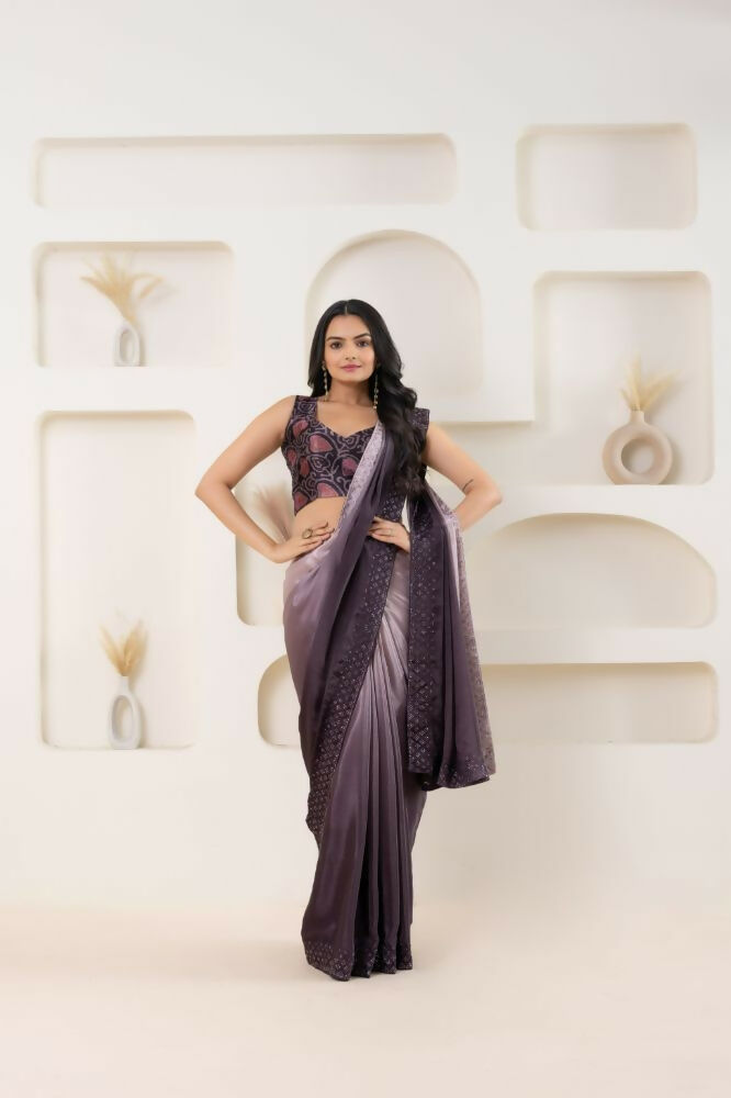 Wine Satin Pedding Designer, Printed Party Wear Ready To Wear Saree - Femina | Grocsy