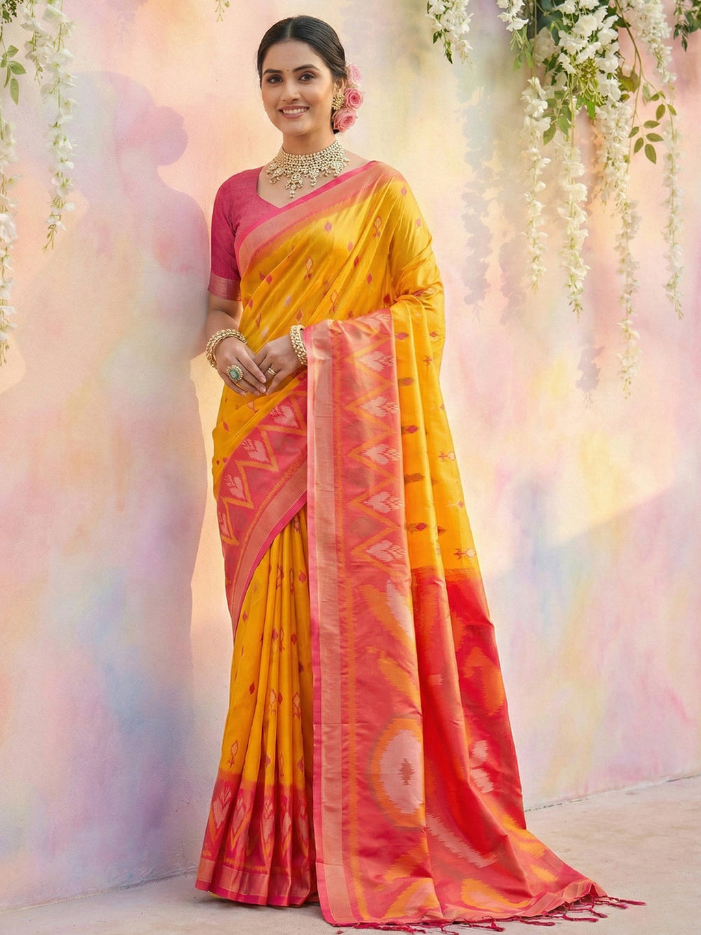 Anaita D Yellow Soft Silk Printed Saree With Blouse | Grocsy