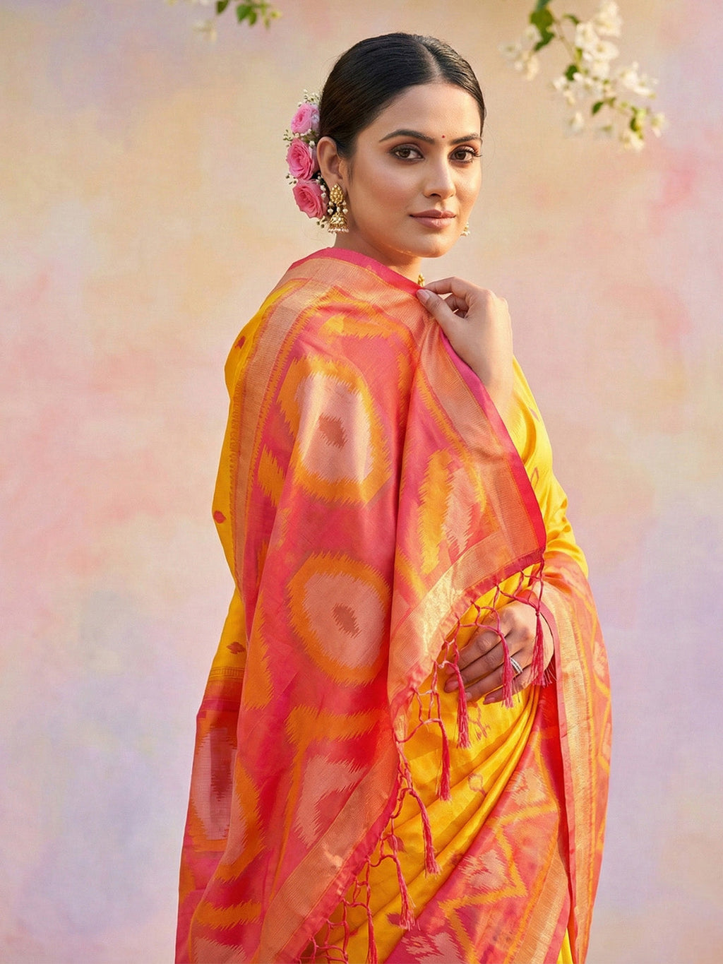 Anaita D Yellow Soft Silk Printed Saree With Blouse | Grocsy