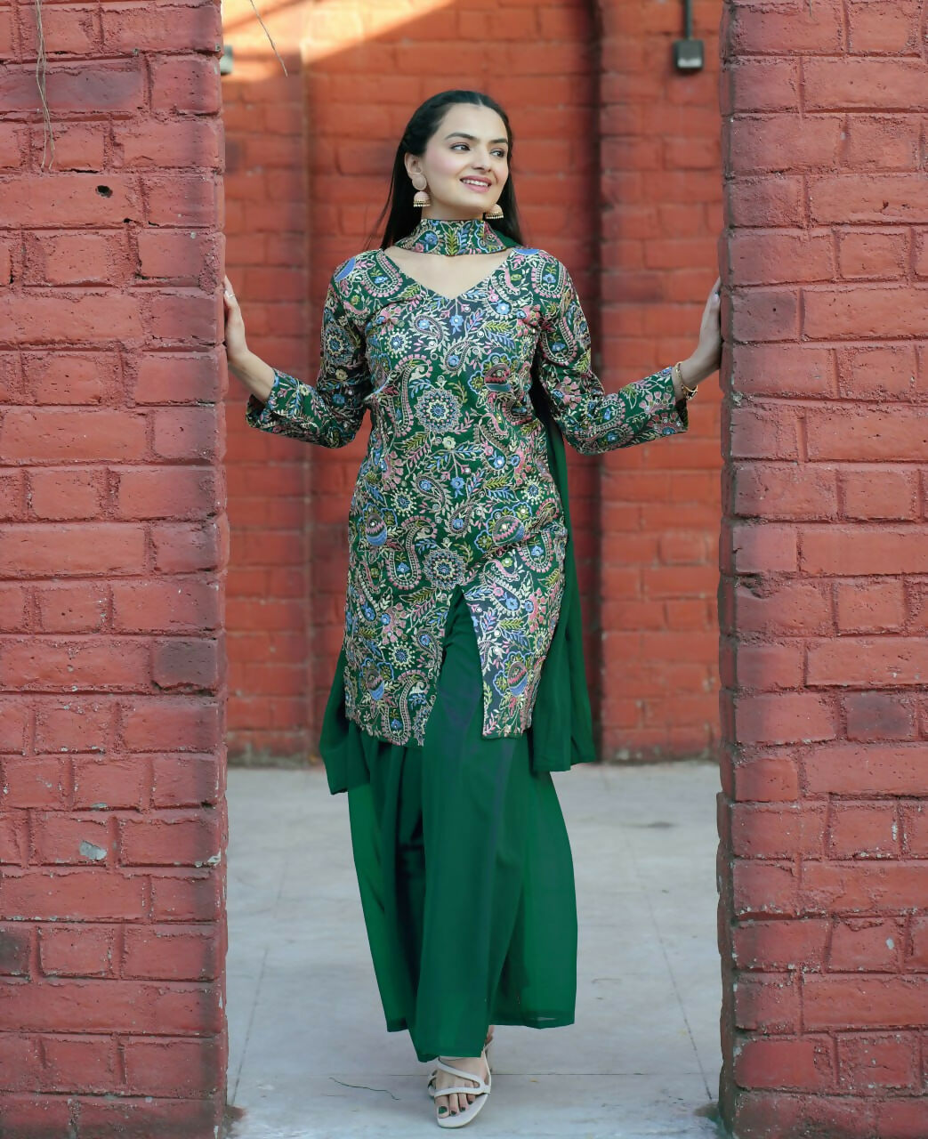 Teeya Creation Green Color Tapeta Silk Embroidery Work Party Wear Palazzo Set | Grocsy