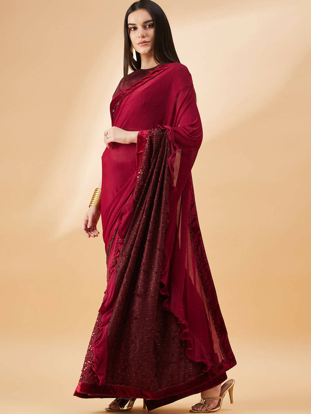 Maroon Lycra Embossed Fancy Velvet, Sequins Embroidery, Frill Details Saree - Norita Hit Design | Grocsy