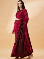 Maroon Lycra Embossed Fancy Velvet, Sequins Embroidery, Frill Details Saree - Norita Hit Design | Grocsy