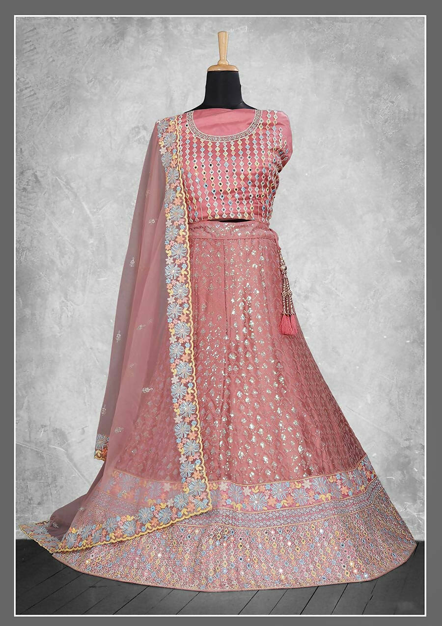 Pink Net Embroidery & Thread Work Bridal lahenga Choli with Dupatta - Nimaya Pavitra Rista | Grocsy