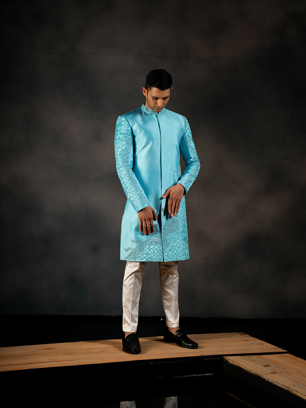 Sky Blue Hand Embroidered Indowestern Sherwani by Hilo Design | Grocsy