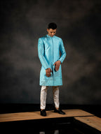 Sky Blue Hand Embroidered Indowestern Sherwani by Hilo Design | Grocsy