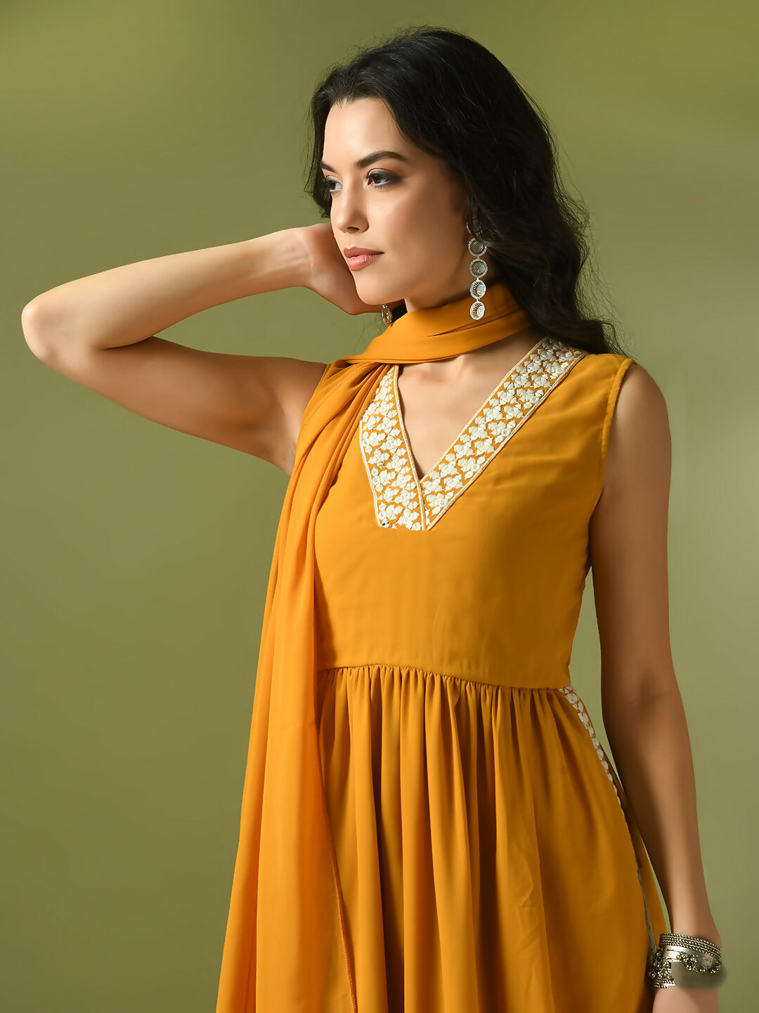 Myshka Women's Yellow Solid Georgette Anarkali Party Kurta Set With Dupatta | Grocsy