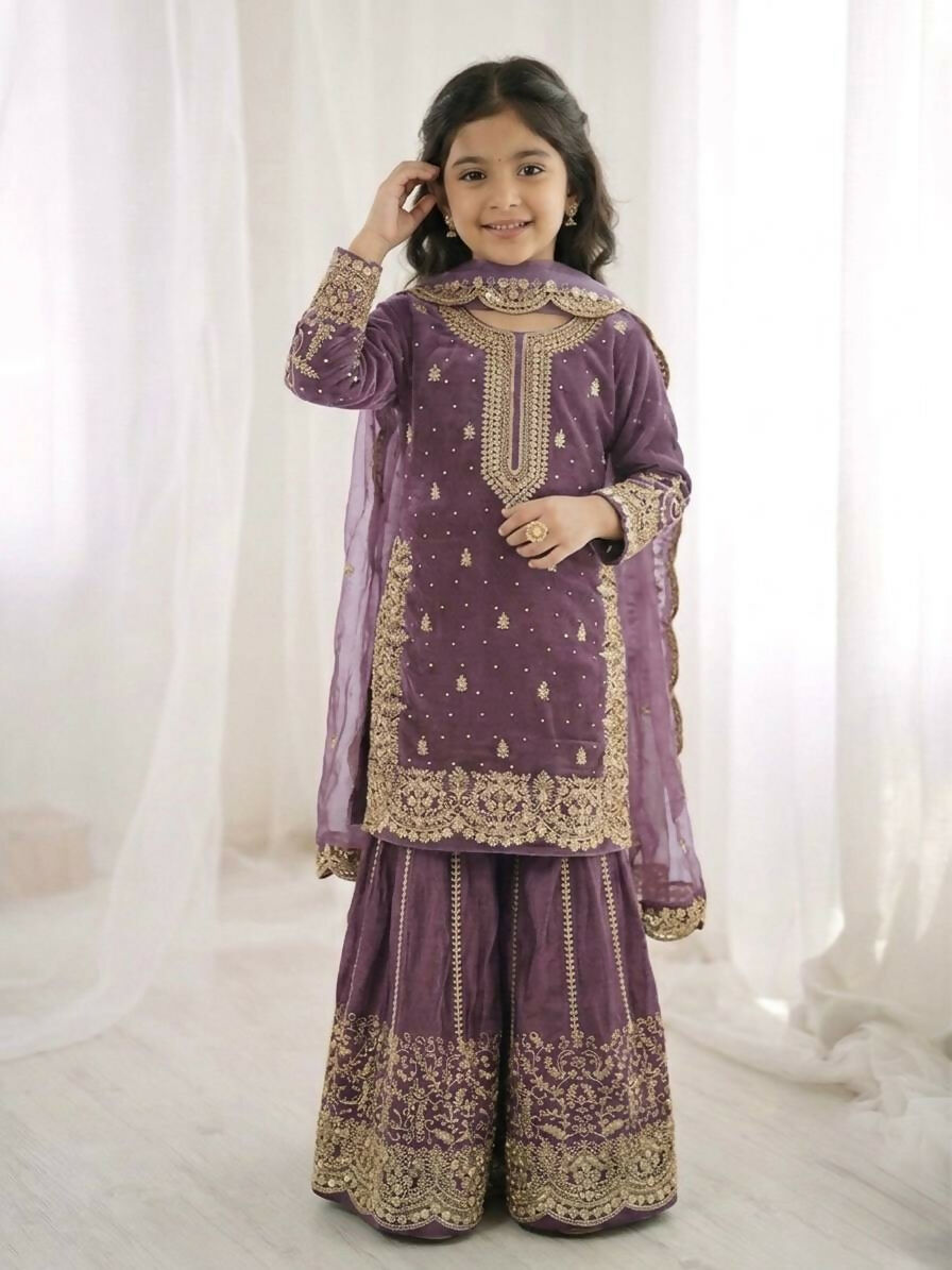 Teeya Creation New Trendy Fully Stitched Ready to Wear Kids Kurta Palazzo Set-Purple | Grocsy