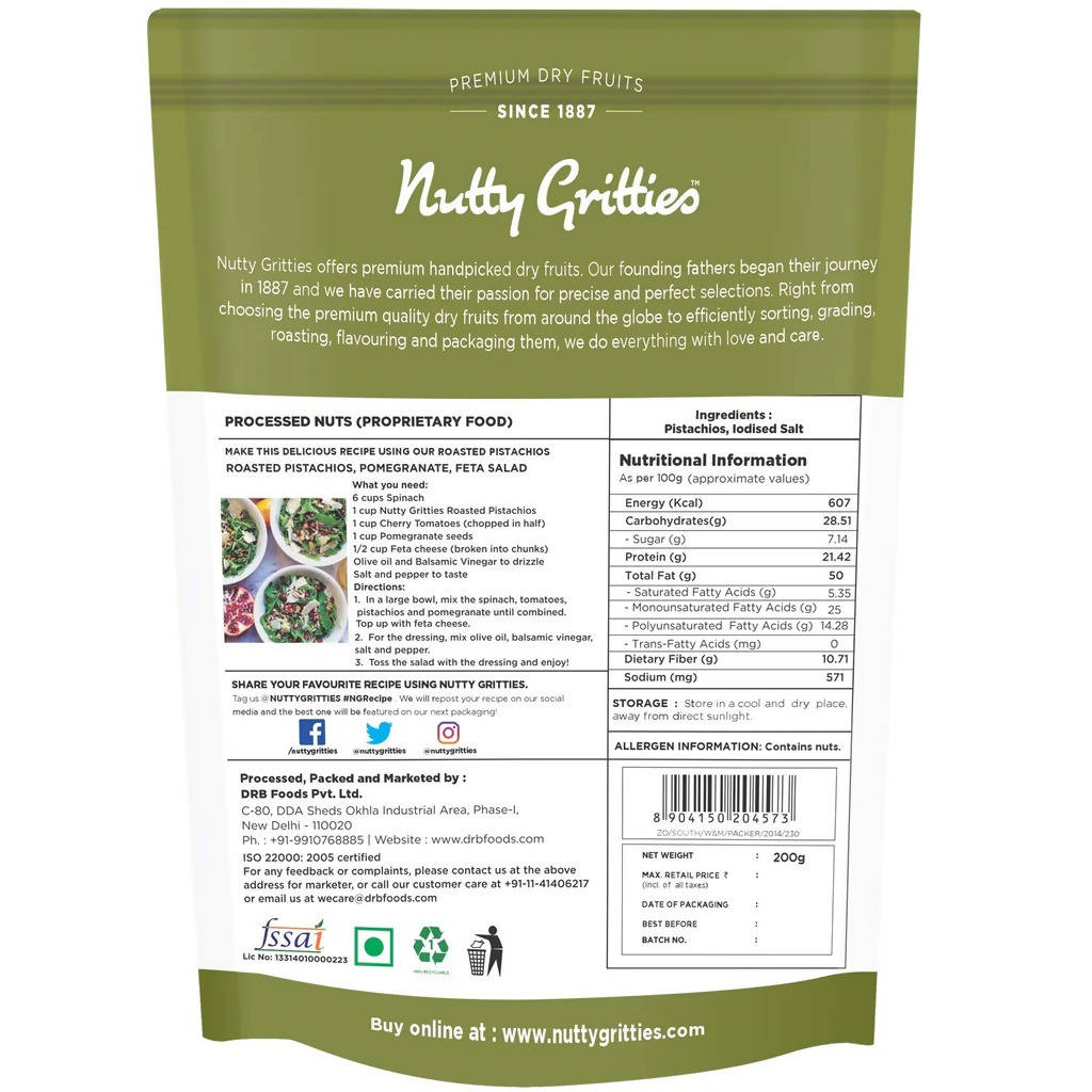 Nutty Gritties California Roasted Pistachios Lightly Salted | Grocsy