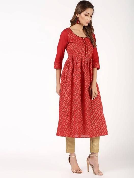 Aniyah Cotton Block Print Flared Kurta In Red (AN-151K) | Grocsy
