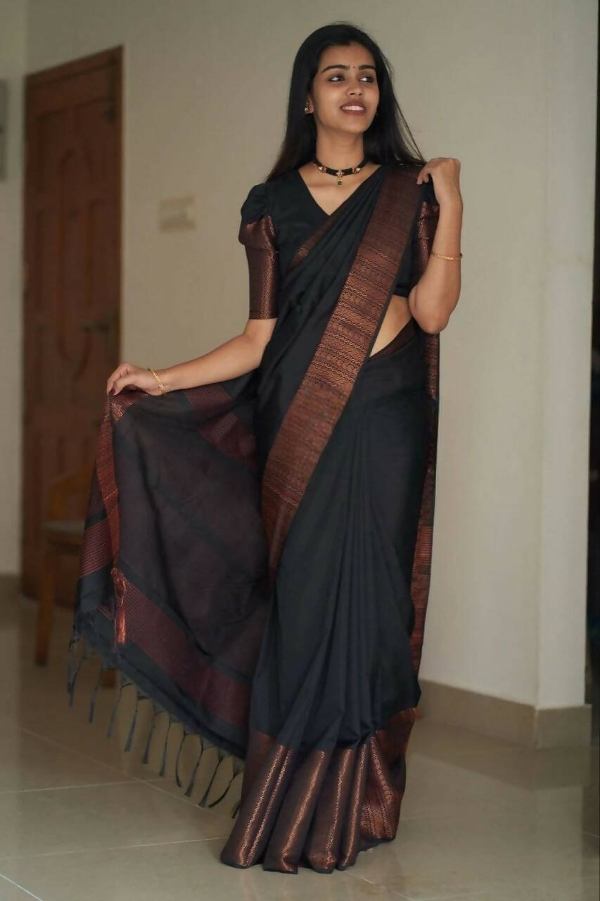 DEIANA'S Beautiful Designer Golden zari Soft Lichi Silk Saree - Black | Grocsy
