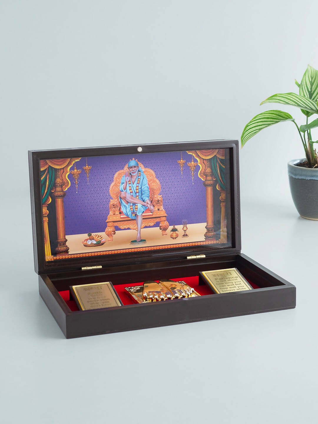 Golden Peacock Brown & Blue 24 CT Gold Foil Wooden Sri Sai Baba Pooja Box | Grocsy