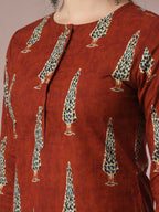 Myshka Women's Rust Printed Cotton Round Neck Party Tunic With Trousers Co-ord set | Grocsy