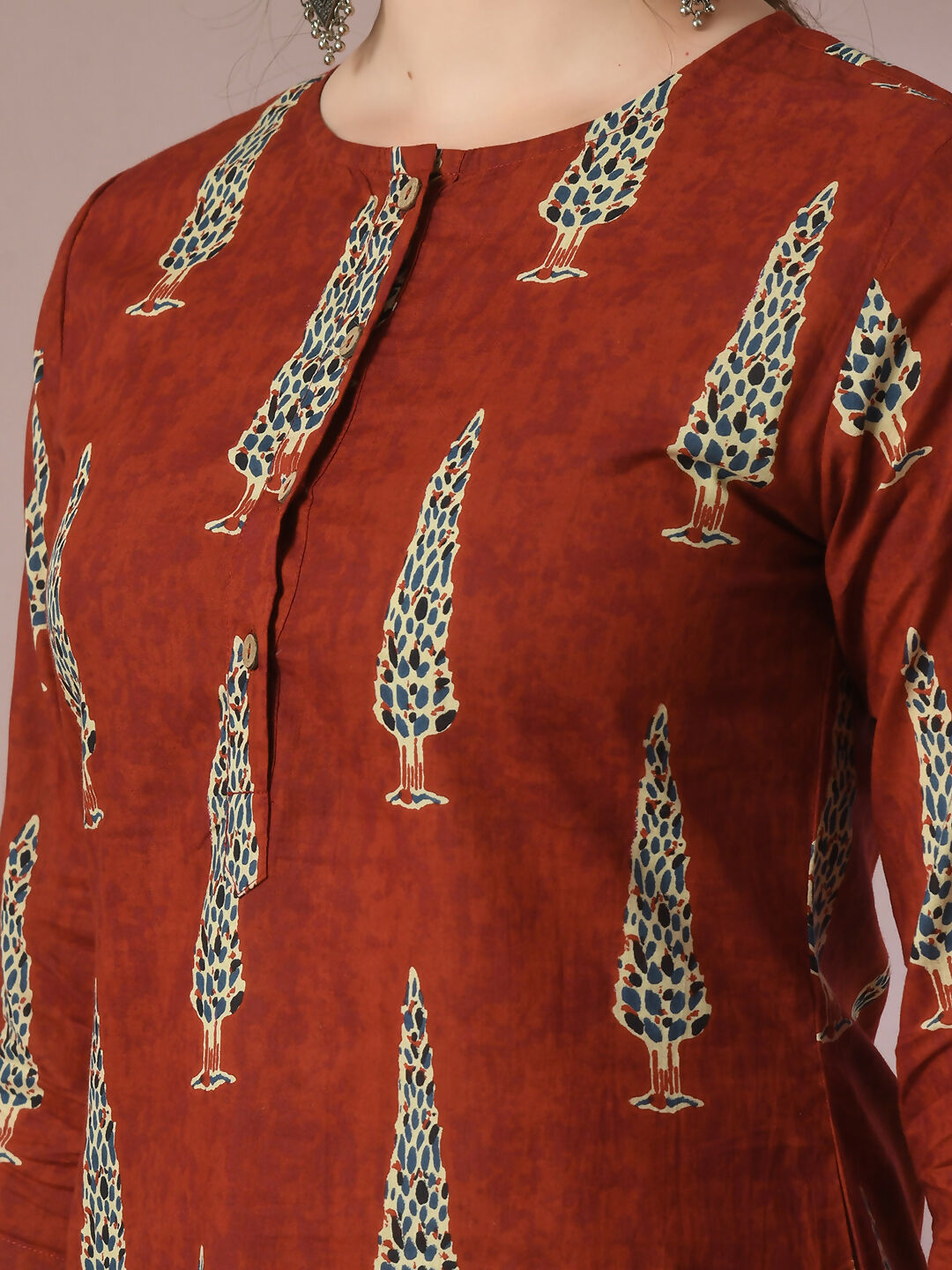 Myshka Women's Rust Printed Cotton Round Neck Party Tunic With Trousers Co-ord set | Grocsy