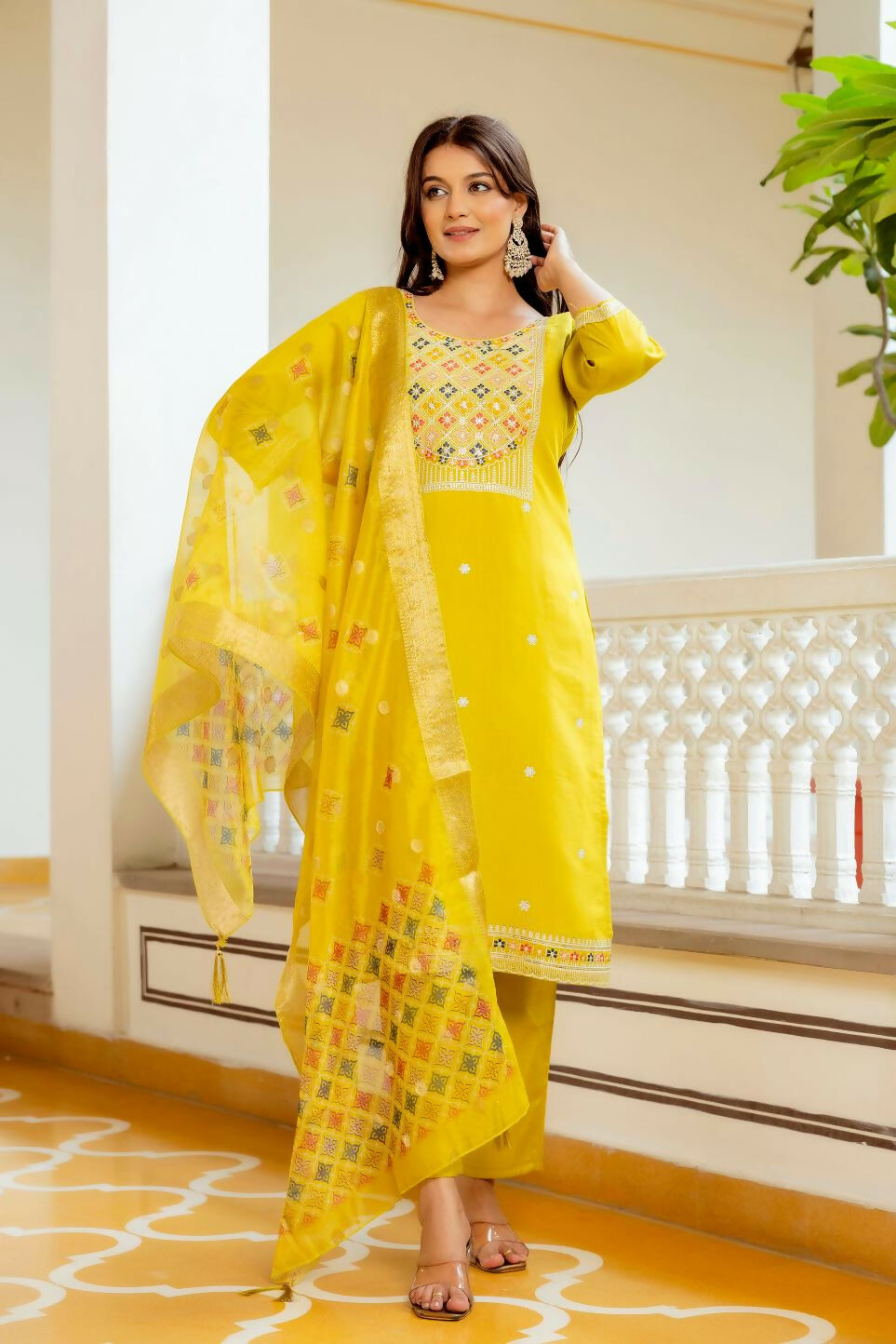 The52 Yellow Women's Beautiful Embroidered Viscose Shimmer Fabric with Straight Kurta, Pant and Dupatta Set | Grocsy