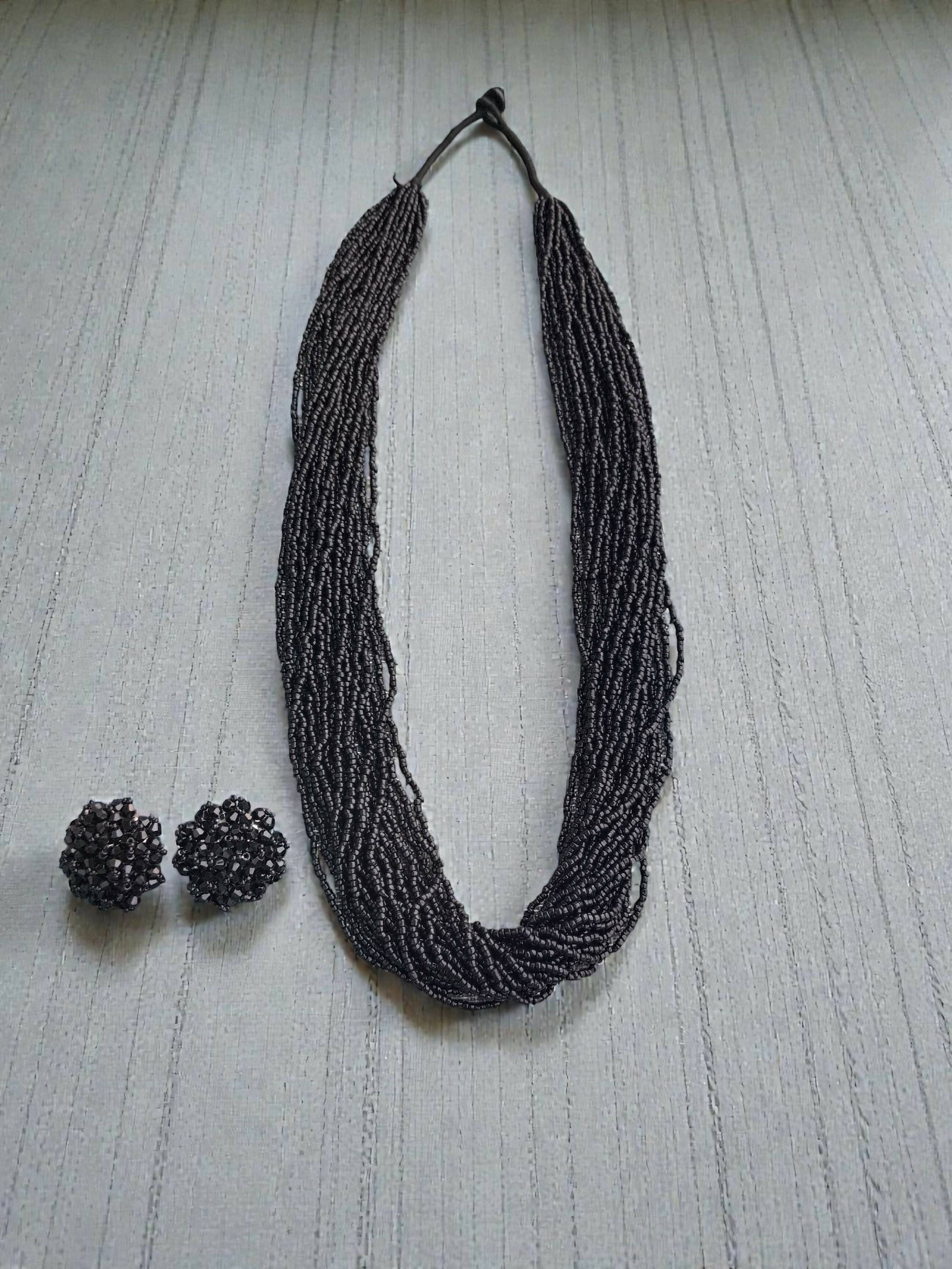 Inhanns Rangsaaz 20-Layer Luxe Long Beaded Necklace (With Optional Statement Earrings) - Black With Earring Long 20 Layer | Grocsy