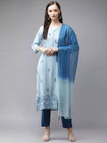 Yufta Women Blue Embroidered Thread Work Kurta with Palazzo & With Dupatta | Grocsy
