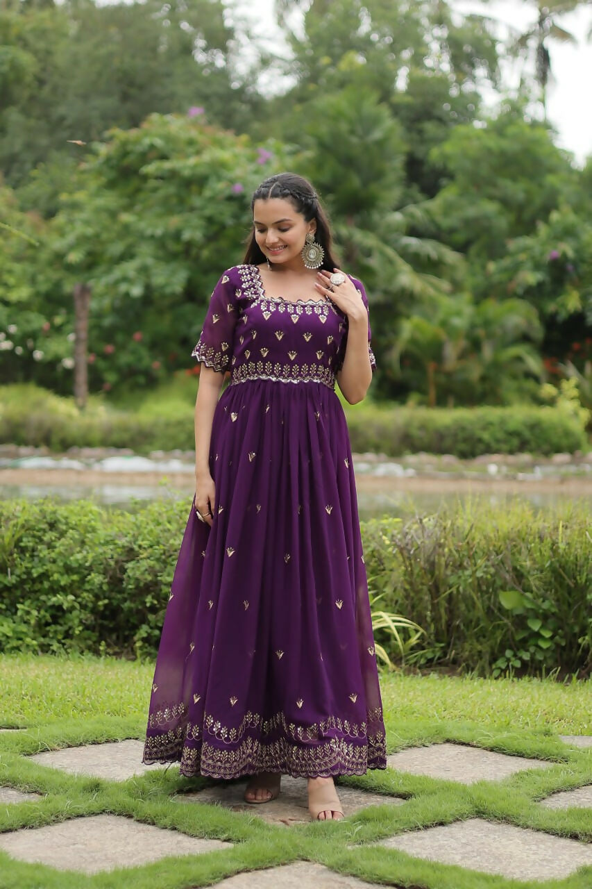 Vastranavya Premium Designer Faux Blooming with Embroidery Zari Sequins work Gown - Purple | Grocsy