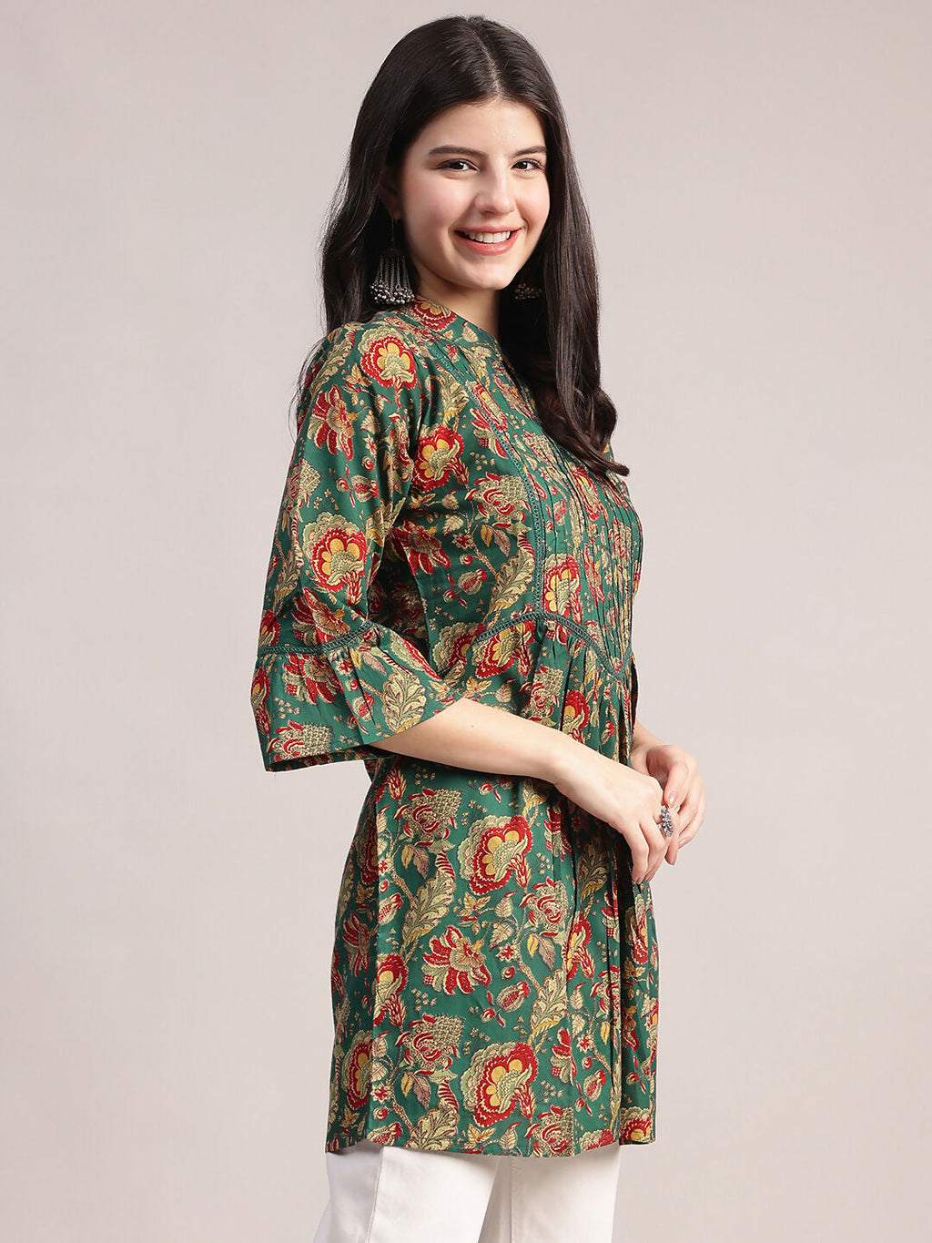 Aavyora Women's Ethnic Floral Printed Tunic - Green with Red & Gold Accents, Pin-Tucked Front, and Flared Hem | Grocsy