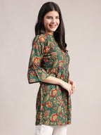 Aavyora Women's Ethnic Floral Printed Tunic - Green with Red & Gold Accents, Pin-Tucked Front, and Flared Hem | Grocsy