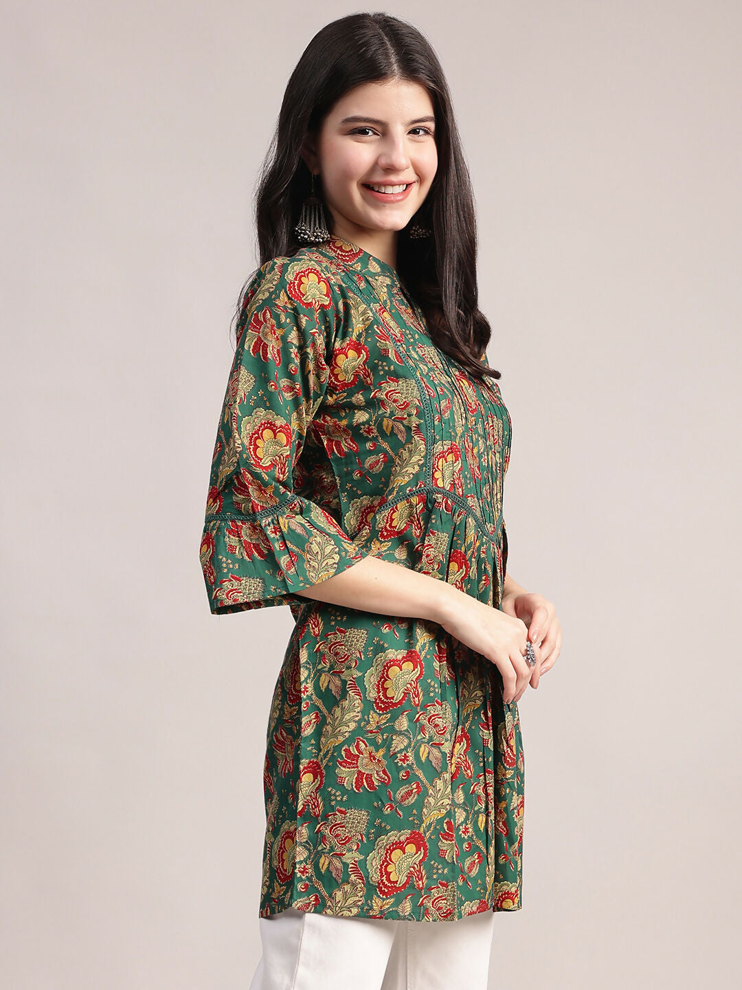 Aavyora Women's Ethnic Floral Printed Tunic - Green with Red & Gold Accents, Pin-Tucked Front, and Flared Hem | Grocsy