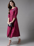 HERE&NOW Embroidered Wine Viscose Kurta | Grocsy