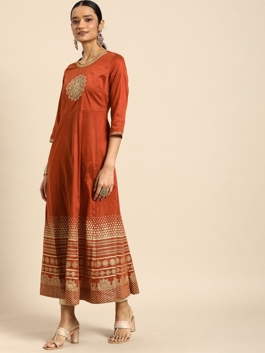 All About You Women Orange& Cream Embroidered Kurta with Dupatta | Grocsy