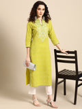 Sangria Women Lime Green Floral Embroidered Thread Work Pastels Kurta | Grocsy