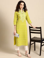 Sangria Women Lime Green Floral Embroidered Thread Work Pastels Kurta | Grocsy