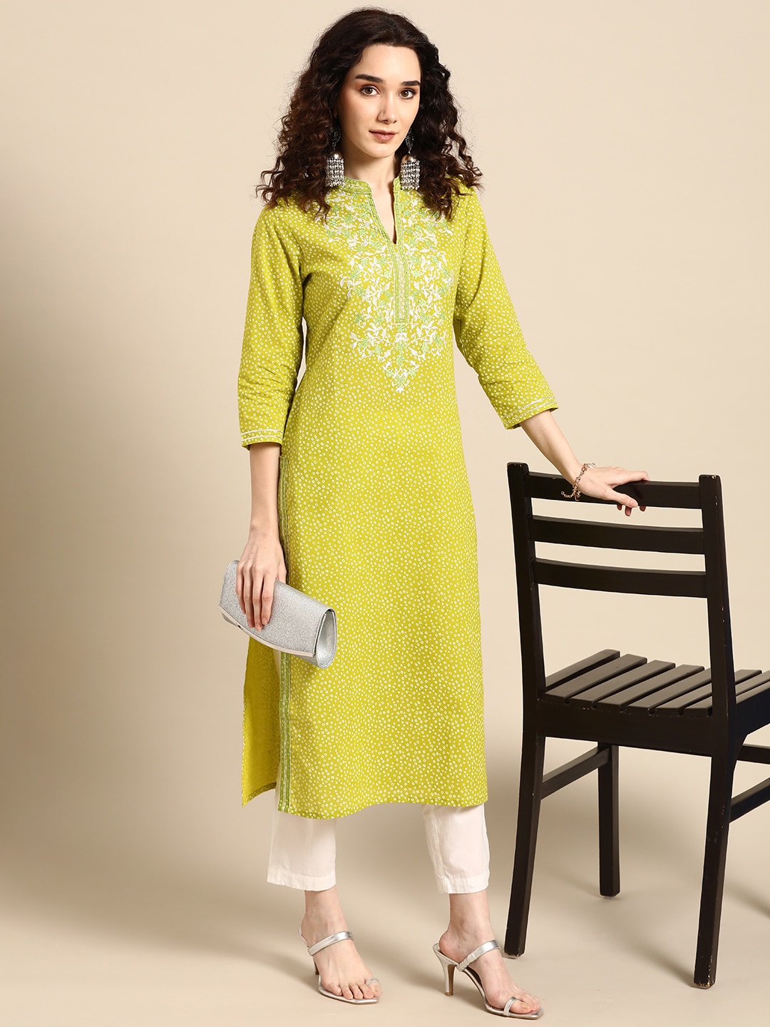 Sangria Women Lime Green Floral Embroidered Thread Work Pastels Kurta | Grocsy