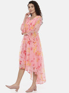 Souchii Women Beautiful Pink Floral Printed A-Line Dress | Grocsy