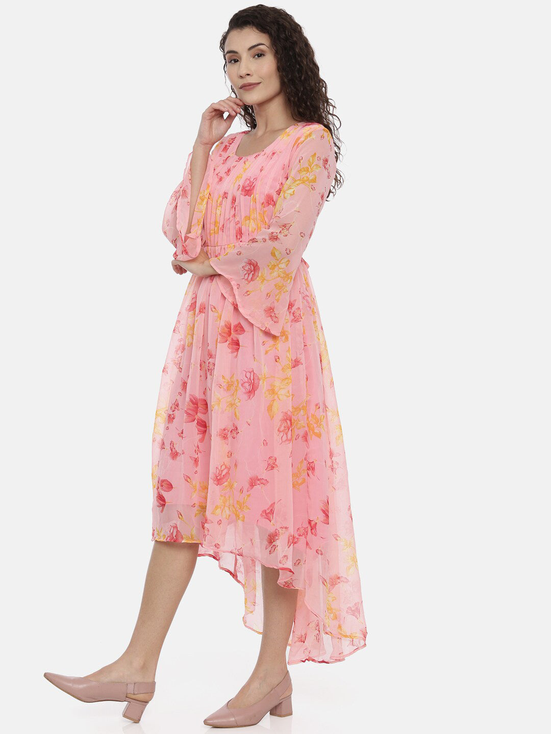 Souchii Women Beautiful Pink Floral Printed A-Line Dress | Grocsy