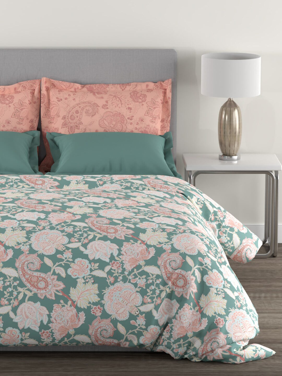 MYTRIDENT Green White Ethnic Motifs Cotton 144 TC Queen Bedsheet With 2 Pillow Covers | Grocsy