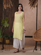 ADA Women Yellow & White Hand Embroidered Chikankari Sustainable Kota Handloom Kurta With Matching Slip | Grocsy