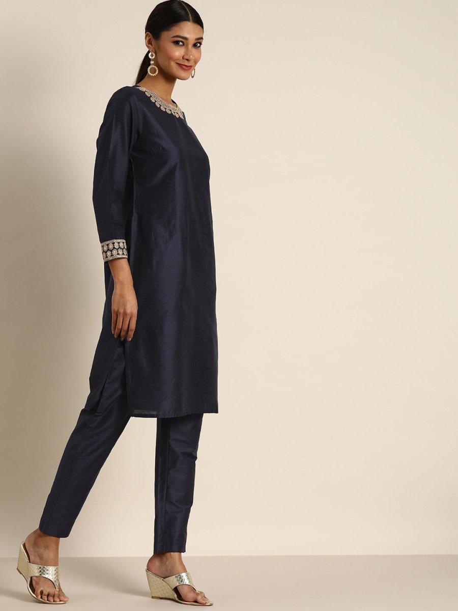 All About You Women Navy Blue & Golden Satin Finish Kurta with Trousers & With Dupatta | Grocsy