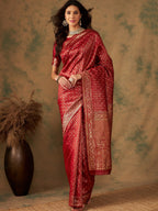 Sangria Red & Gold Toned Ethnic Motifs Woven Design Zari Banarasi Saree | Grocsy