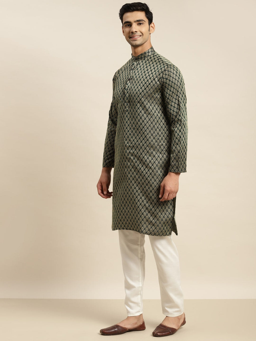 Sojanya Men Green Ethnic Motifs Kurta with Churidar & Nehru Jacket | Grocsy