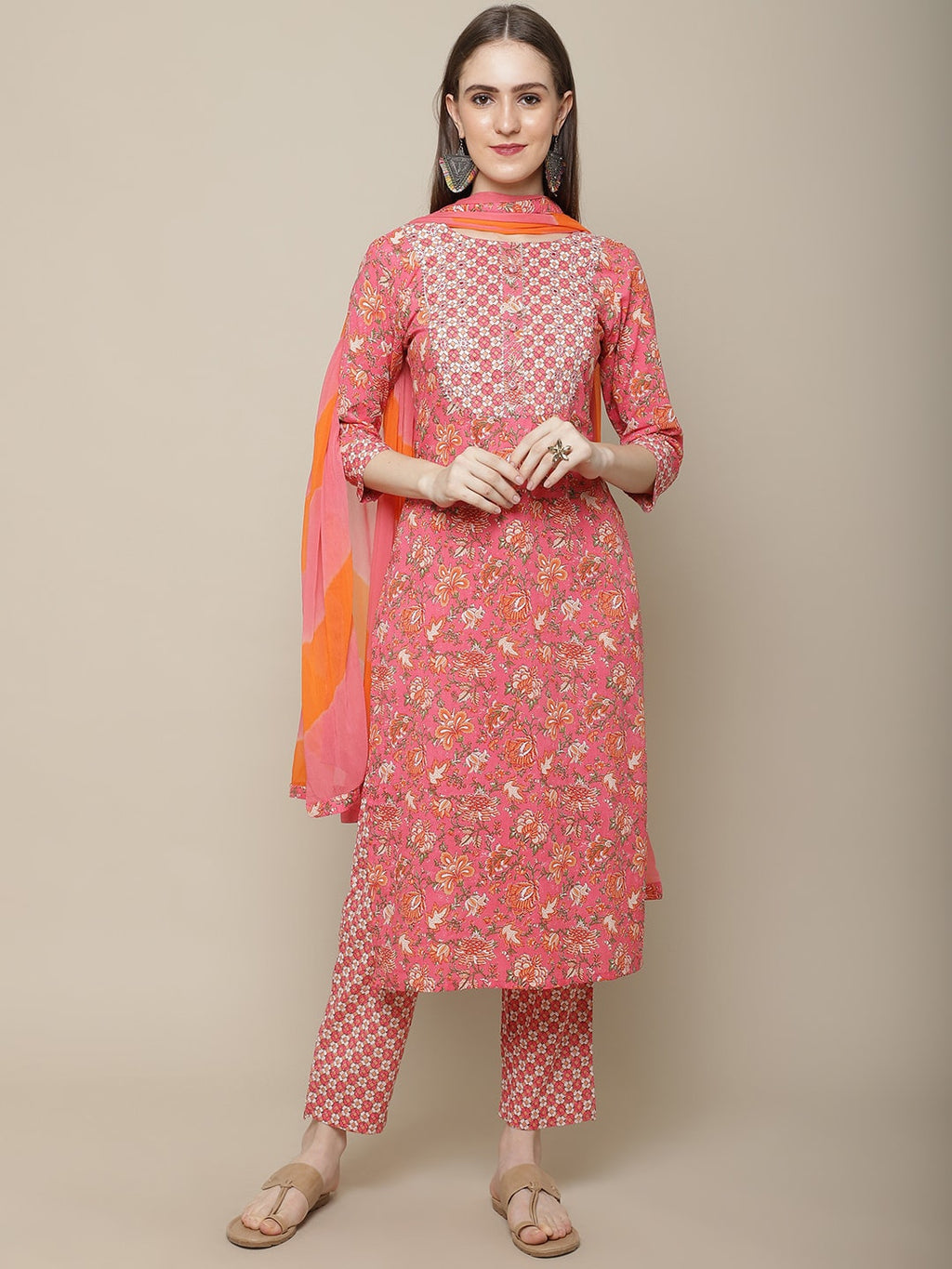 Sangria Women Pink Floral Printed Pure Cotton Kurta with Trouser & Dupatta | Grocsy