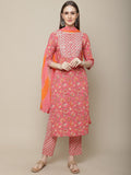 Sangria Women Pink Floral Printed Pure Cotton Kurta with Trouser & Dupatta | Grocsy
