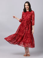 Souchii Maroon Floral Layered Chiffon A-Line Midi Dress | Grocsy