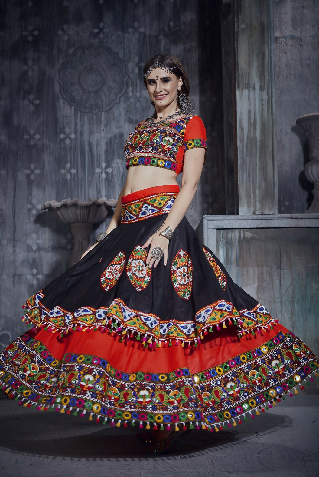 AI Fashion Black-Red Art Silk Designer Navratri Lehenga Choli Collection | Grocsy