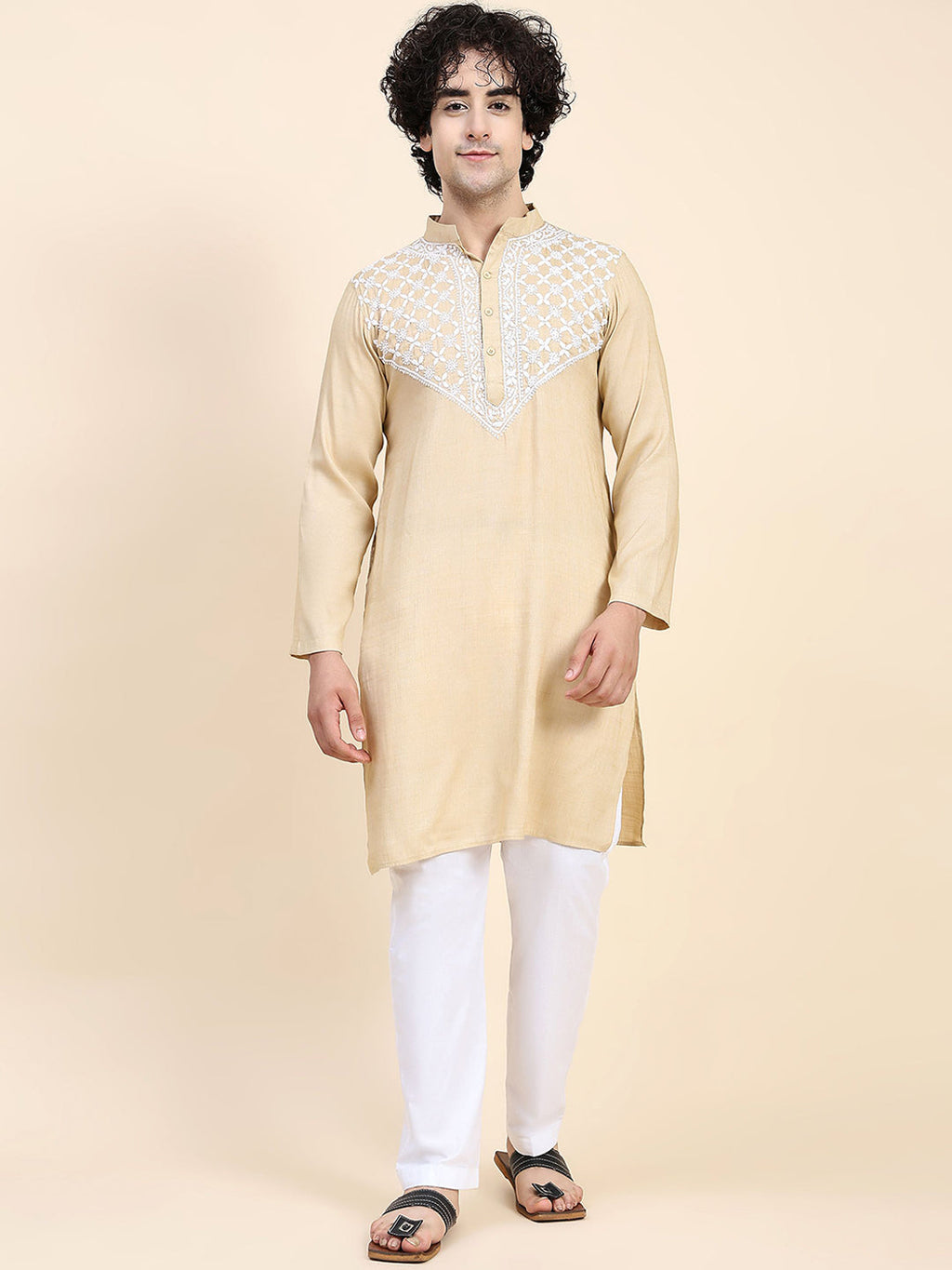 HOUSE OF KARI Ethnic Motifs Yoke Design Mandarin Collar Chikankari Pure Cotton Kurta | Grocsy