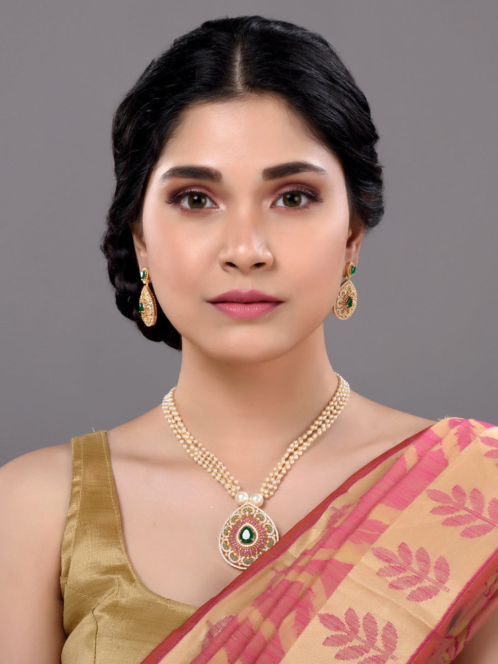 Saraf RS Jewellery Women Gold-Polished Multi Coloured AD Studded Pearl Mala & Earrings Set | Grocsy