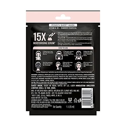 Ponds Activated Charcoal Sheet Mask, With Vitamin B6 For Clear Detox Skin, Paraben Free, Black Biodegradable Fabric, 25 ml | Grocsy