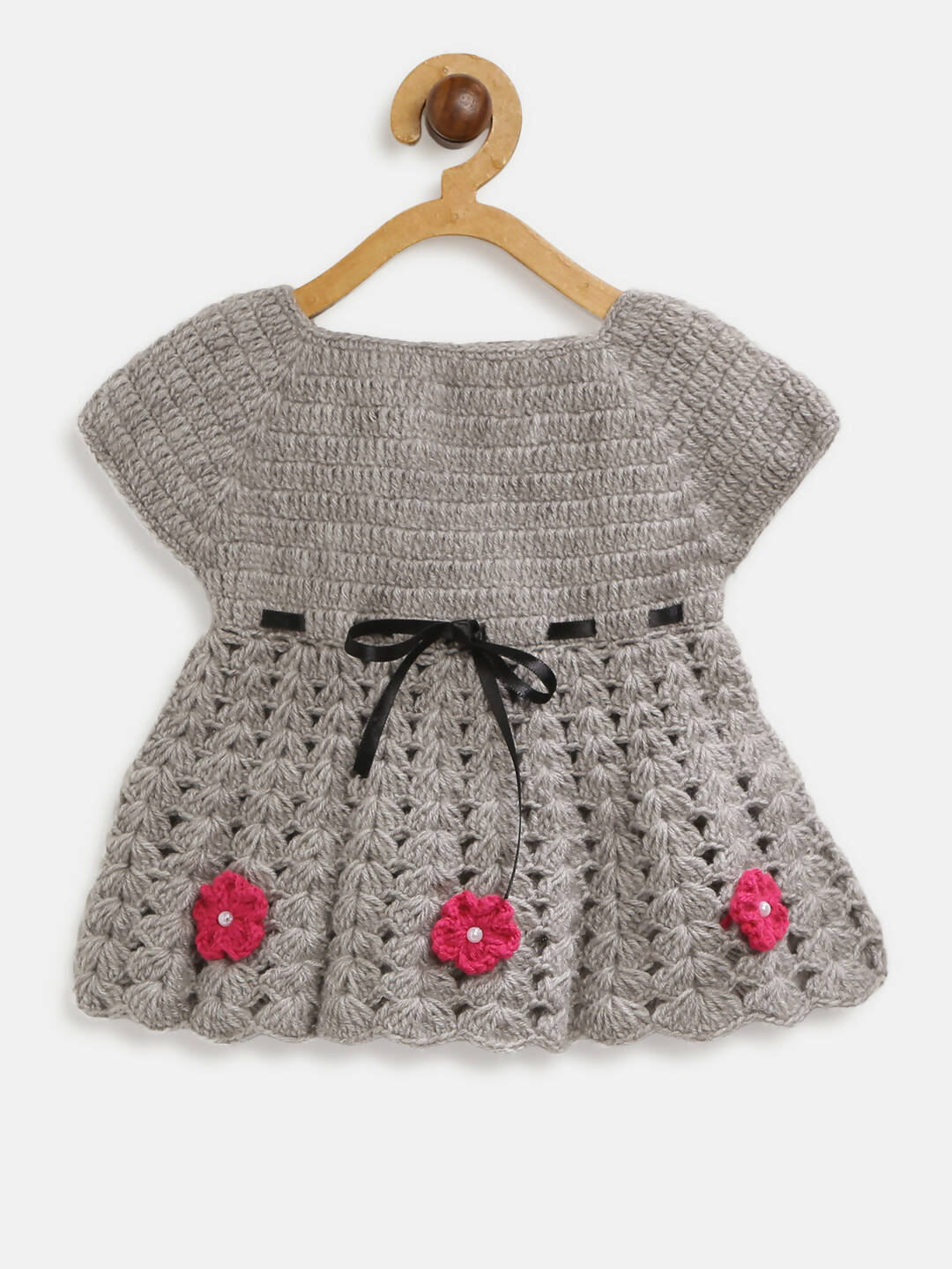 ChutPut Hand knitted Crochet Maharani Wool Dress For Baby Girls - Pink | Grocsy