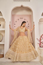 Aastha Fashion Beige Chiku Butterfly Net White Cotton Thread Work, Zari Work And Sandwich Sequence Work Embroidery Wedding Wear Lehenga Choli | Grocsy