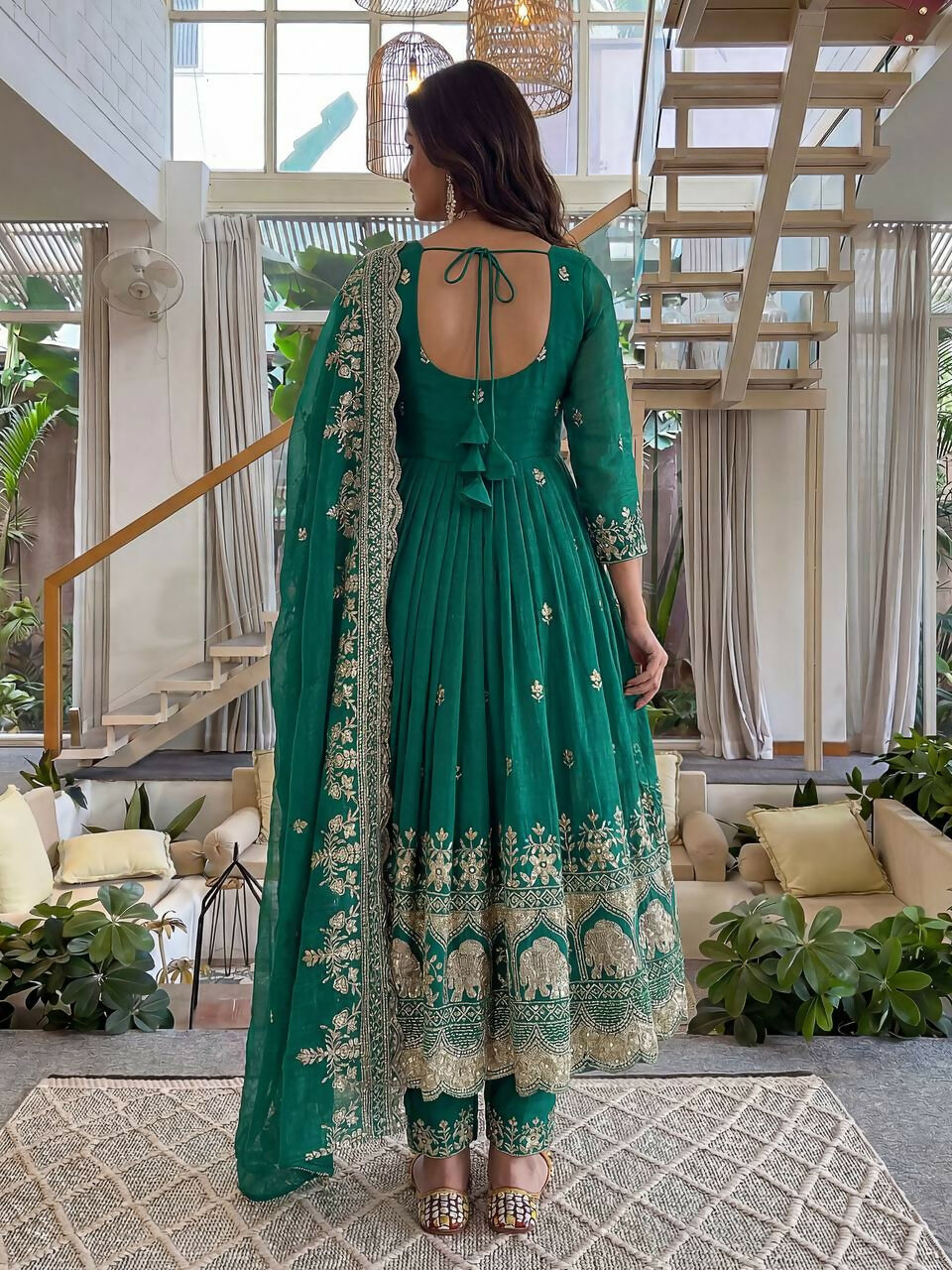 Teeya Creation New Trendy Stylish Wedding Wear Embroidered Anarkali Set - Teal-Green | Grocsy