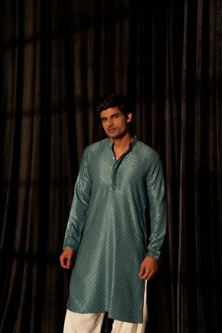 Blue viscose Chikankari Embroidery Work Men's Traditional Kurta Set - Mahotsav | Grocsy