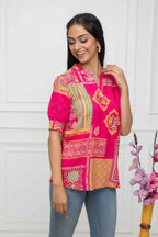 Myshka Women Red Floral Mandarin Collar Regular Sleeves Viscose Rayon Top | Grocsy